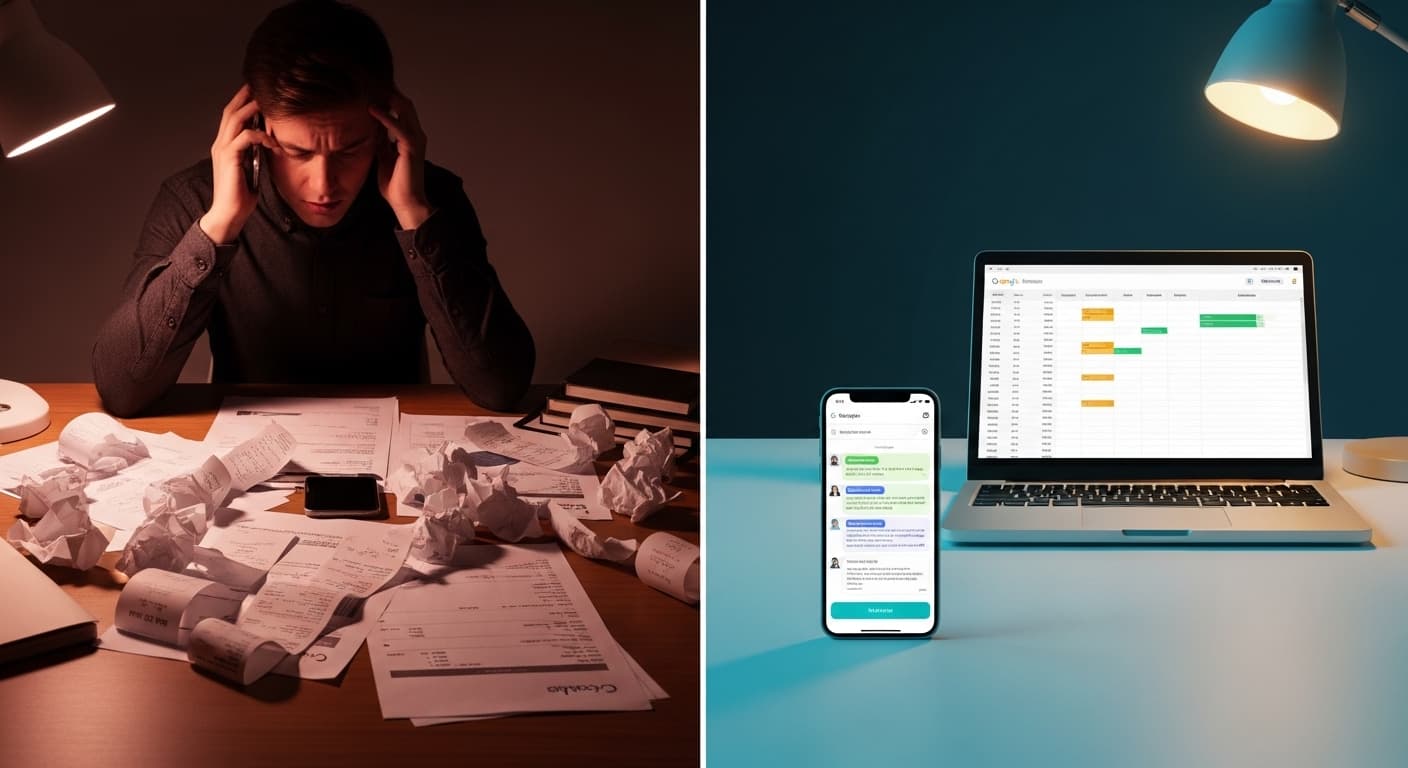Before and after: chaotic desk with receipts vs clean AI-managed workspace