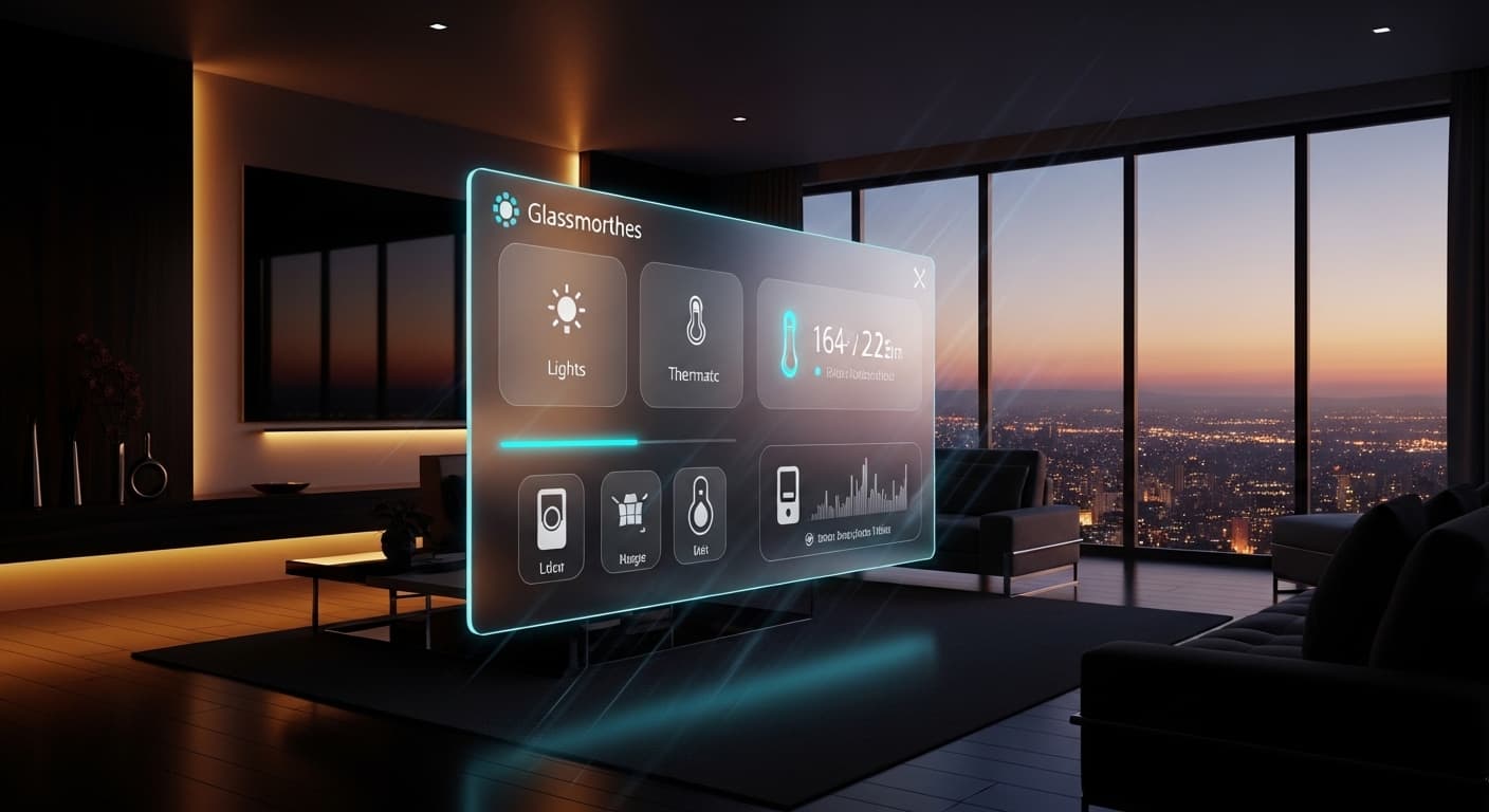 Futuristic smart home dashboard with glassmorphism UI